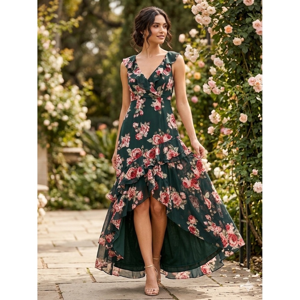 Philo Sophia Floral Ruffle Maxi Dress M Green Red Rose Hi-Low Sleeveless NEW